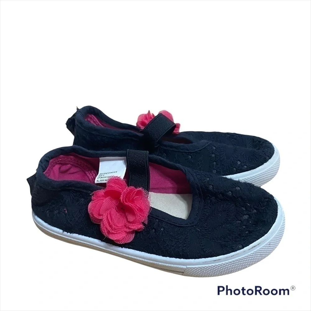 Black Mary Jane Sneakers W/ Pink Flower Sz 8 Toddler Shoe